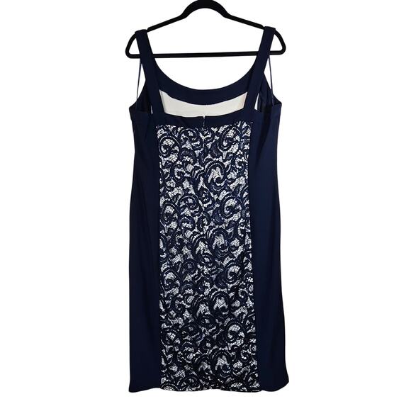 Navy Blue Sleeveless R&M Richards Sequined Lace Bodycon Midi Dress Size 14 - Picture 2 of 8